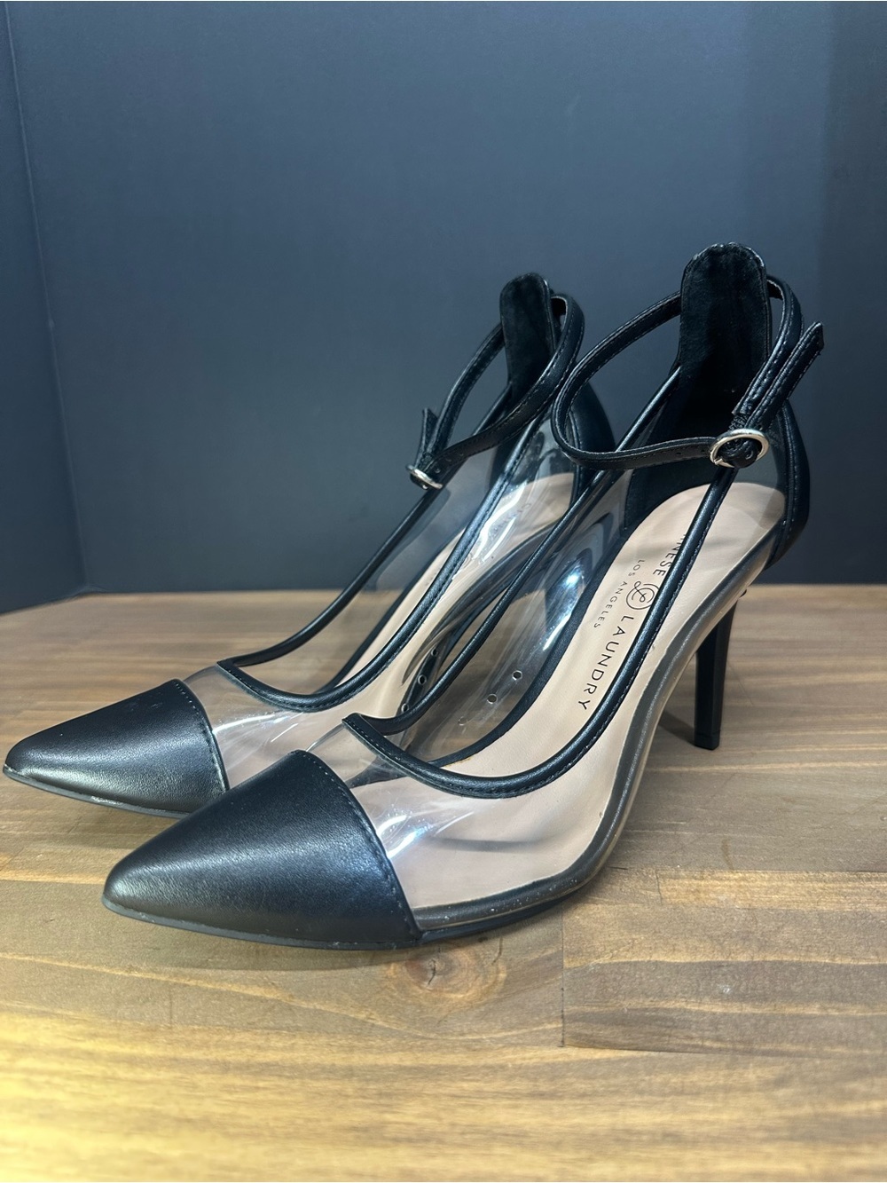 Chinese Laundry Black Pointed-Toe Clear Panel Ankle-Strap Heels